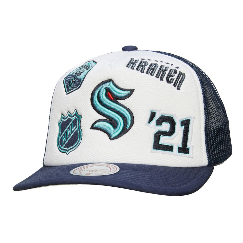 Seattle Kraken Mitchell & Ness Gridlock Trucker Adjustable Hat - White/Deep Sea Blue - NHL 202545041