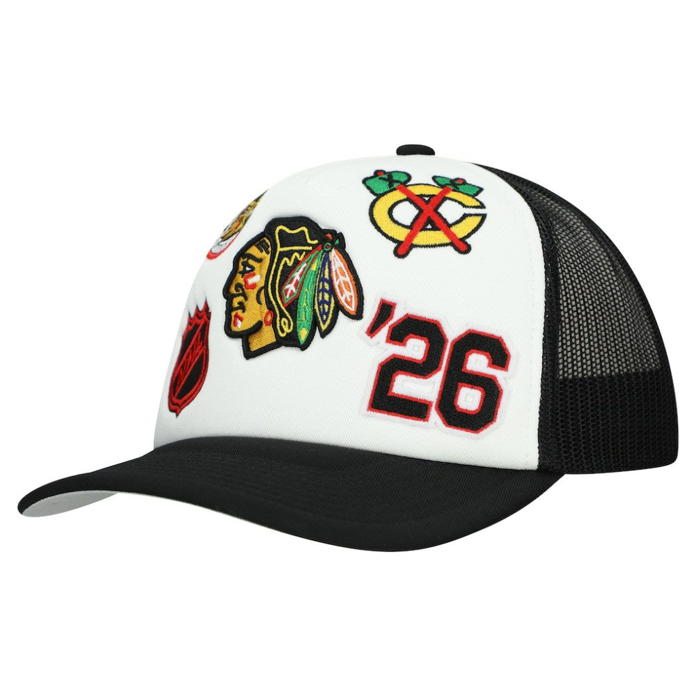 Chicago Blackhawks Mitchell & Ness Gridlock Trucker Adjustable Hat - White/Black - NHL 202545045