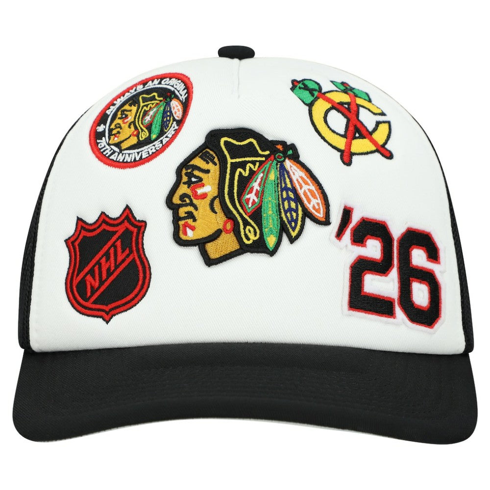 Chicago Blackhawks Mitchell & Ness Gridlock Trucker Adjustable Hat - White/Black - NHL 202545045