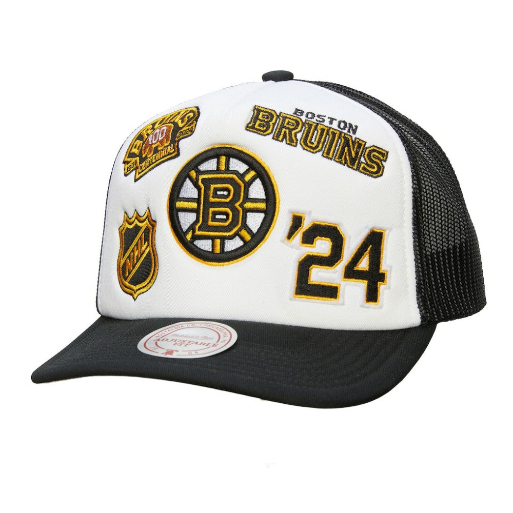 Boston Bruins Mitchell & Ness Gridlock Trucker Adjustable Hat - White/Black - NHL 202545052