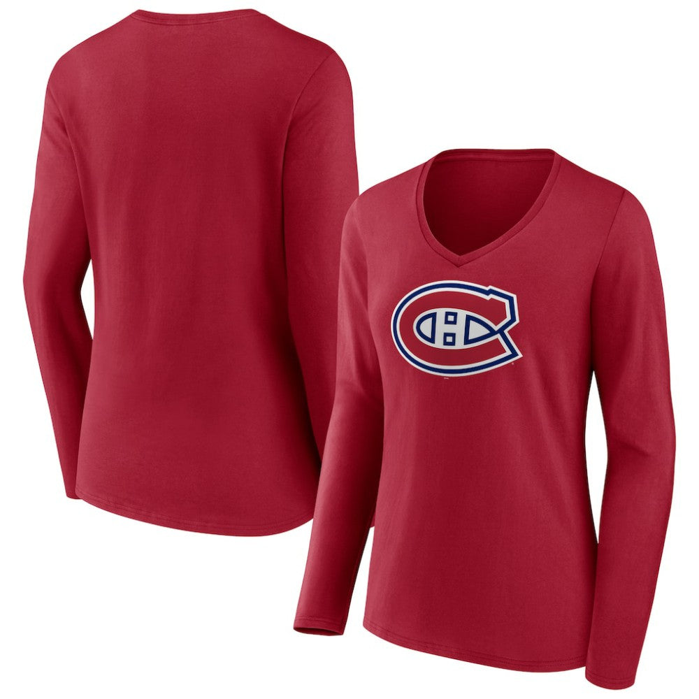 Montreal Canadiens Women's Primary Logo Long Sleeve V-Neck T-Shirt - Red - NHL 202545507
