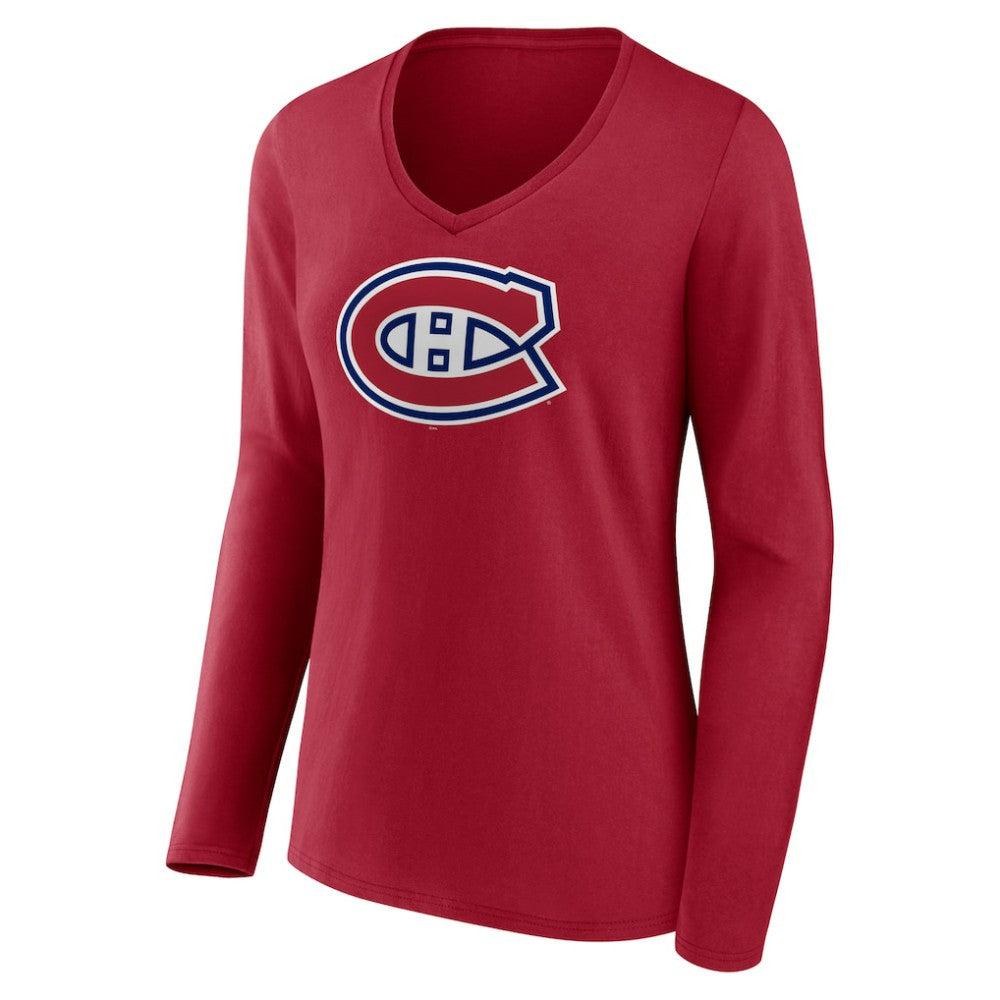 Montreal Canadiens Women's Primary Logo Long Sleeve V-Neck T-Shirt - Red - NHL 202545507