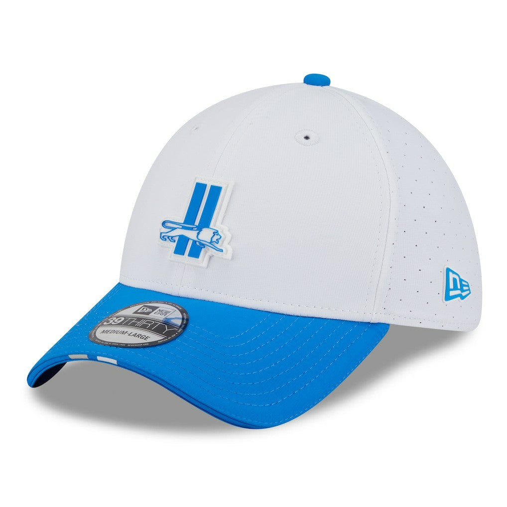 Detroit Lions New Era 2025 NFL Training Camp Throwback Logo 39THIRTY Flex Hat White/Blue