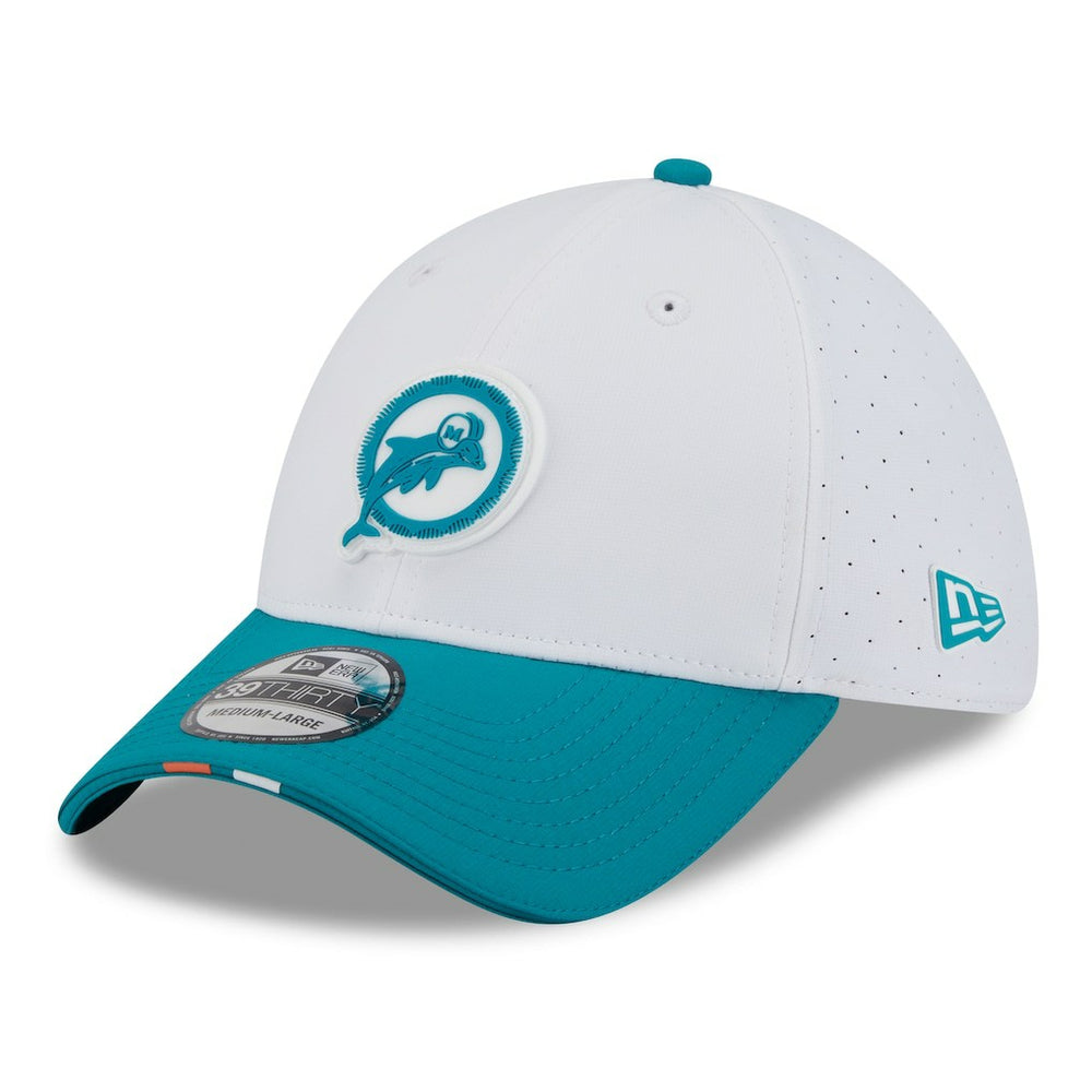 Miami Dolphins New Era 2025 NFL Training Camp Throwback Logo 39THIRTY Flex Hat White/Aqua