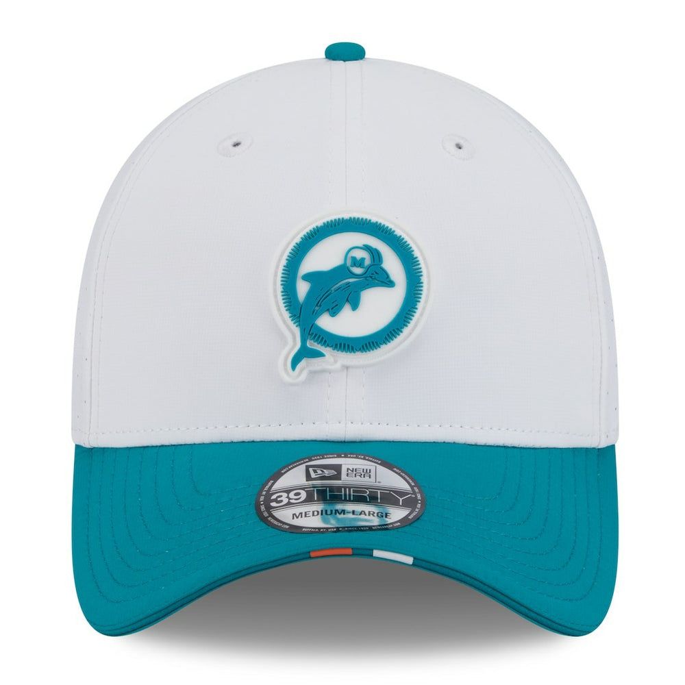 Miami Dolphins New Era 2025 NFL Training Camp Throwback Logo 39THIRTY Flex Hat White/Aqua