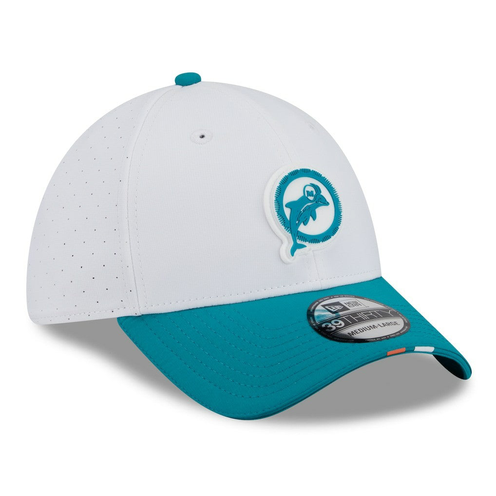 Miami Dolphins New Era 2025 NFL Training Camp Throwback Logo 39THIRTY Flex Hat White/Aqua