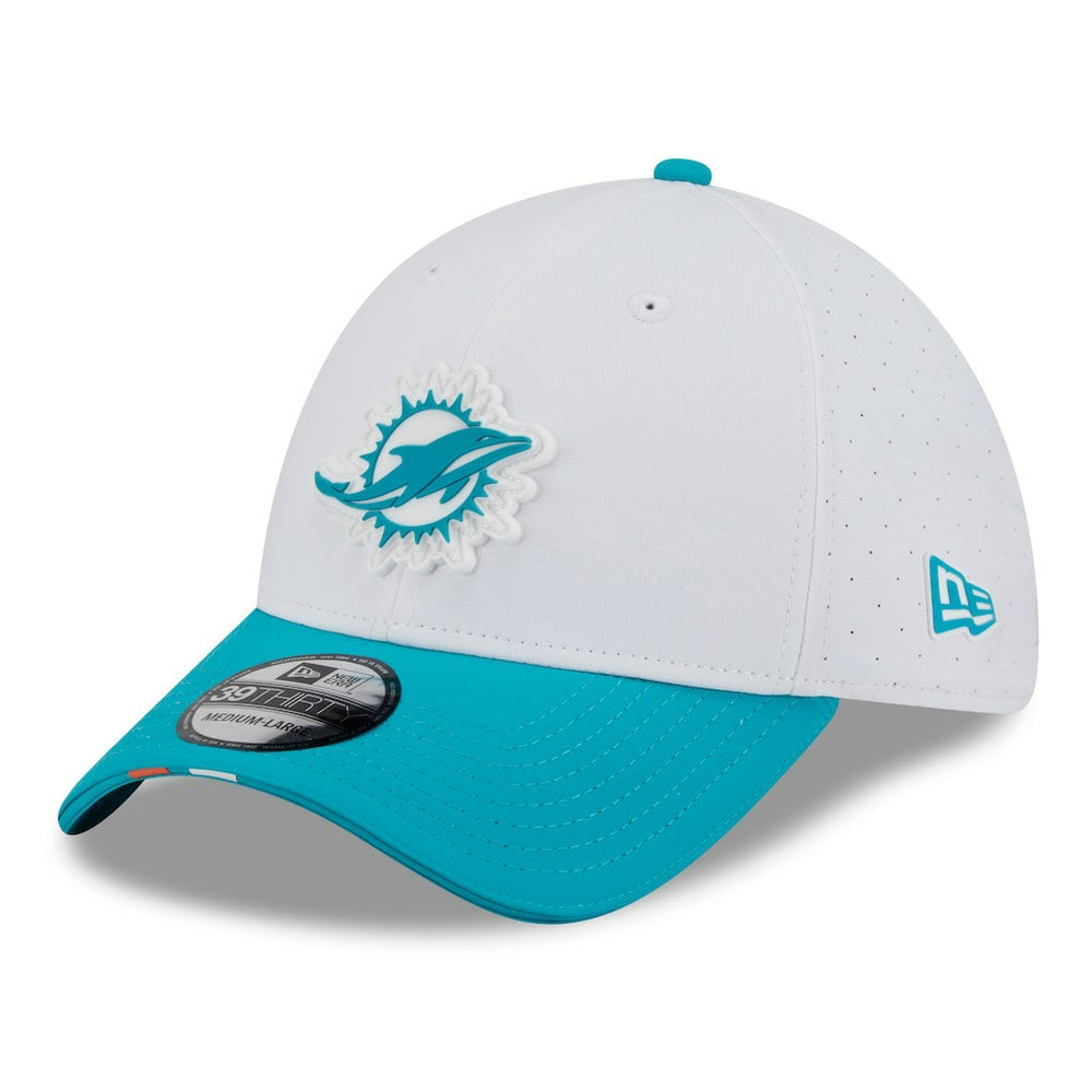 Miami Dolphins New Era 2025 NFL Training Camp 39THIRTY Flex Hat White/Aqua