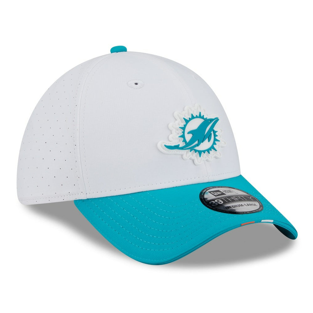 Miami Dolphins New Era 2025 NFL Training Camp 39THIRTY Flex Hat White/Aqua