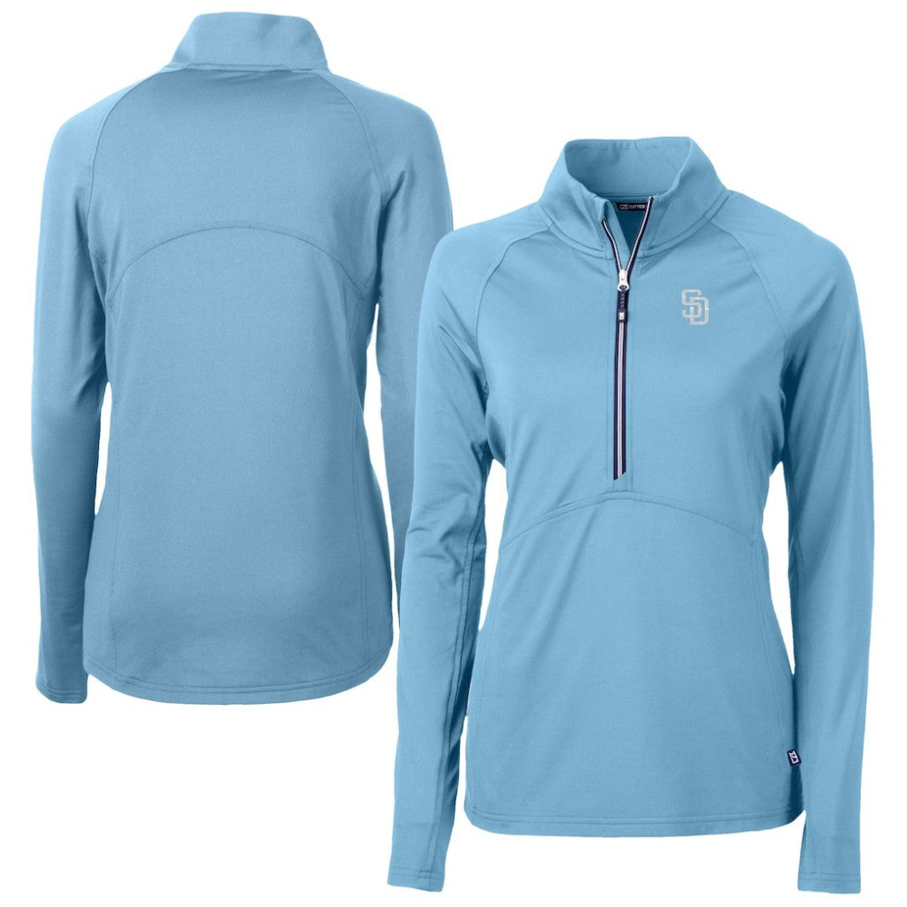 San Diego Padres Cutter & Buck Women's Raglan Adapt Eco Knit Stretch Recycled Half-Zip Top - Powder Blue - MLB on Sale