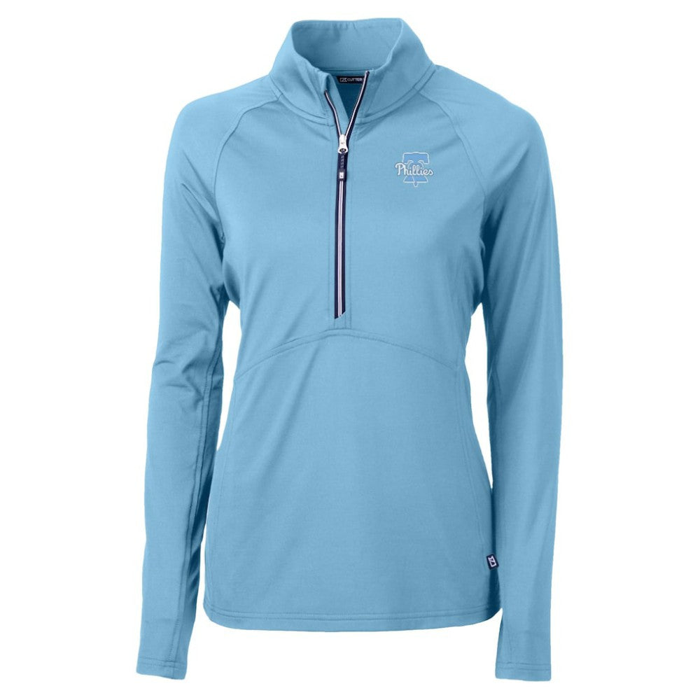 Philadelphia Phillies Cutter & Buck Women's Raglan Adapt Eco Knit Stretch Recycled Half-Zip Top - Powder Blue - MLB Lifestyle