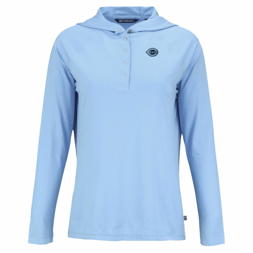 Cincinnati Reds Cutter & Buck Women's Coastline Epic Comfort Eco Recycled Long Sleeve Hoodie T-Shirt - Powder Blue - MLB Sale