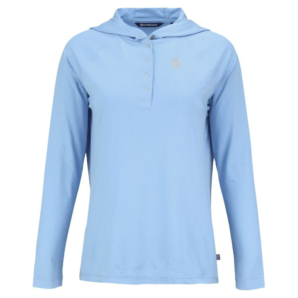Detroit Tigers Cutter & Buck Women's Coastline Epic Comfort Eco Recycled Long Sleeve Hoodie T-Shirt - Powder Blue - MLB Lifestyle