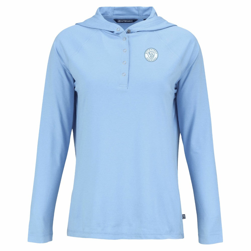 Milwaukee Brewers Cutter & Buck Women's Coastline Epic Comfort Eco Recycled Long Sleeve Hoodie T-Shirt - Powder Blue - MLB Sale