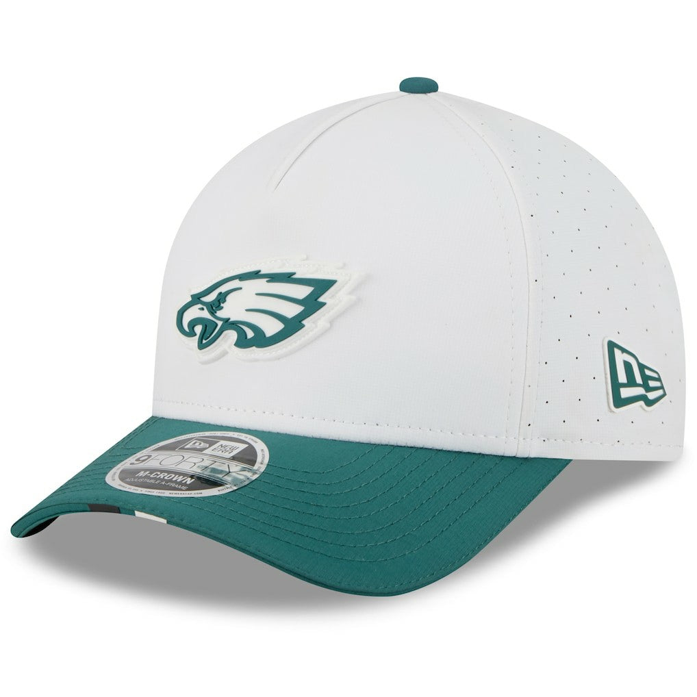 Philadelphia Eagles New Era Youth 2025 NFL Training Camp A-Frame 9FORTY Adjustable Hat White/Midnight Green