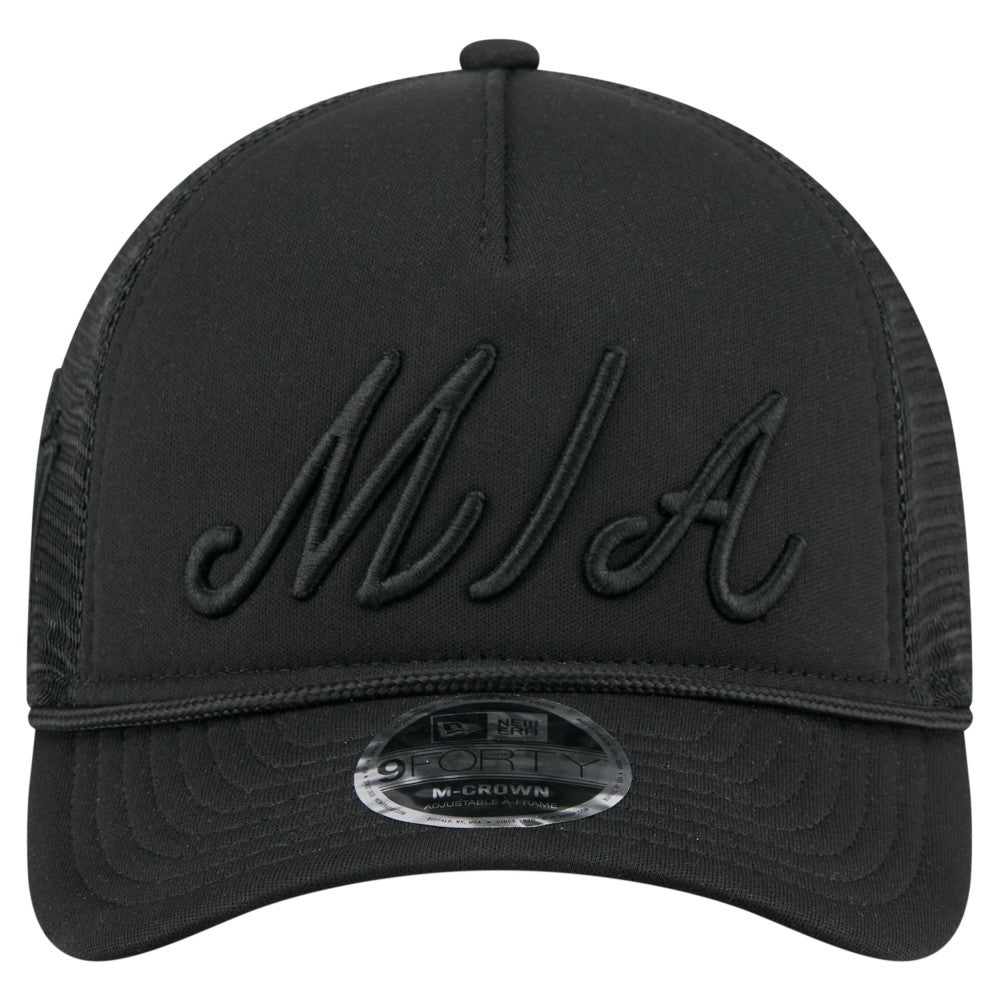 Miami Marlins New Era City Initial 9FORTY A-Frame M-Crown Adjustable Trucker Hat - Black - New Era Lifestyle