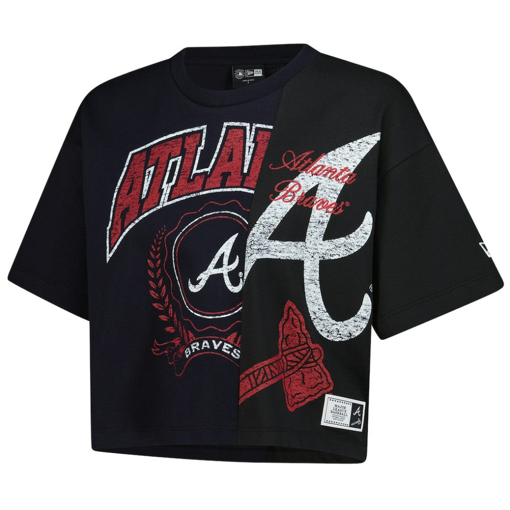 Atlanta Braves New Era Women's Upcycled Colorblocked Boxy Cropped T-Shirt - Navy - New Era on Sale