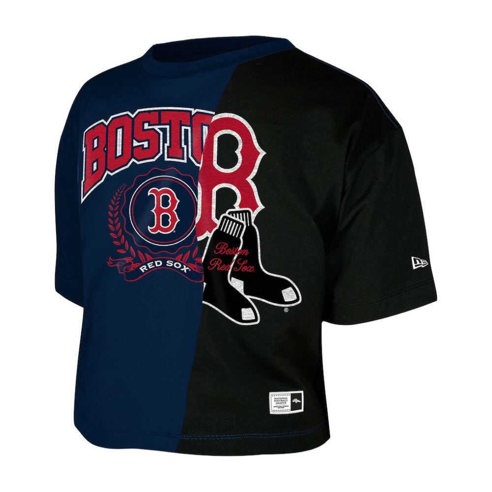 Boston Red Sox New Era Women's Upcycled Colorblocked Boxy Cropped T-Shirt - Navy - New Era Sale