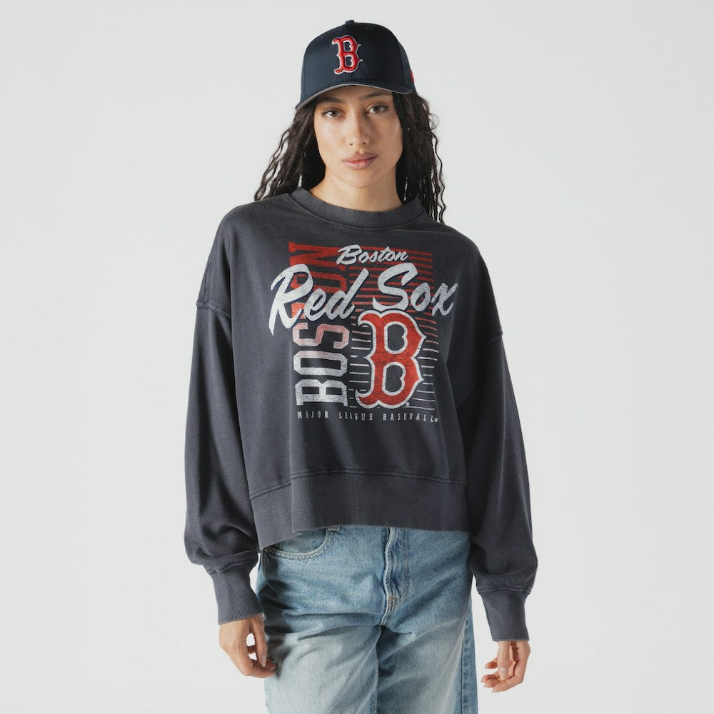 Boston Red Sox New Era Women's Boxy Mineral Wash Dolmen Sleeve Cropped Sweatshirt - Navy - New Era Online