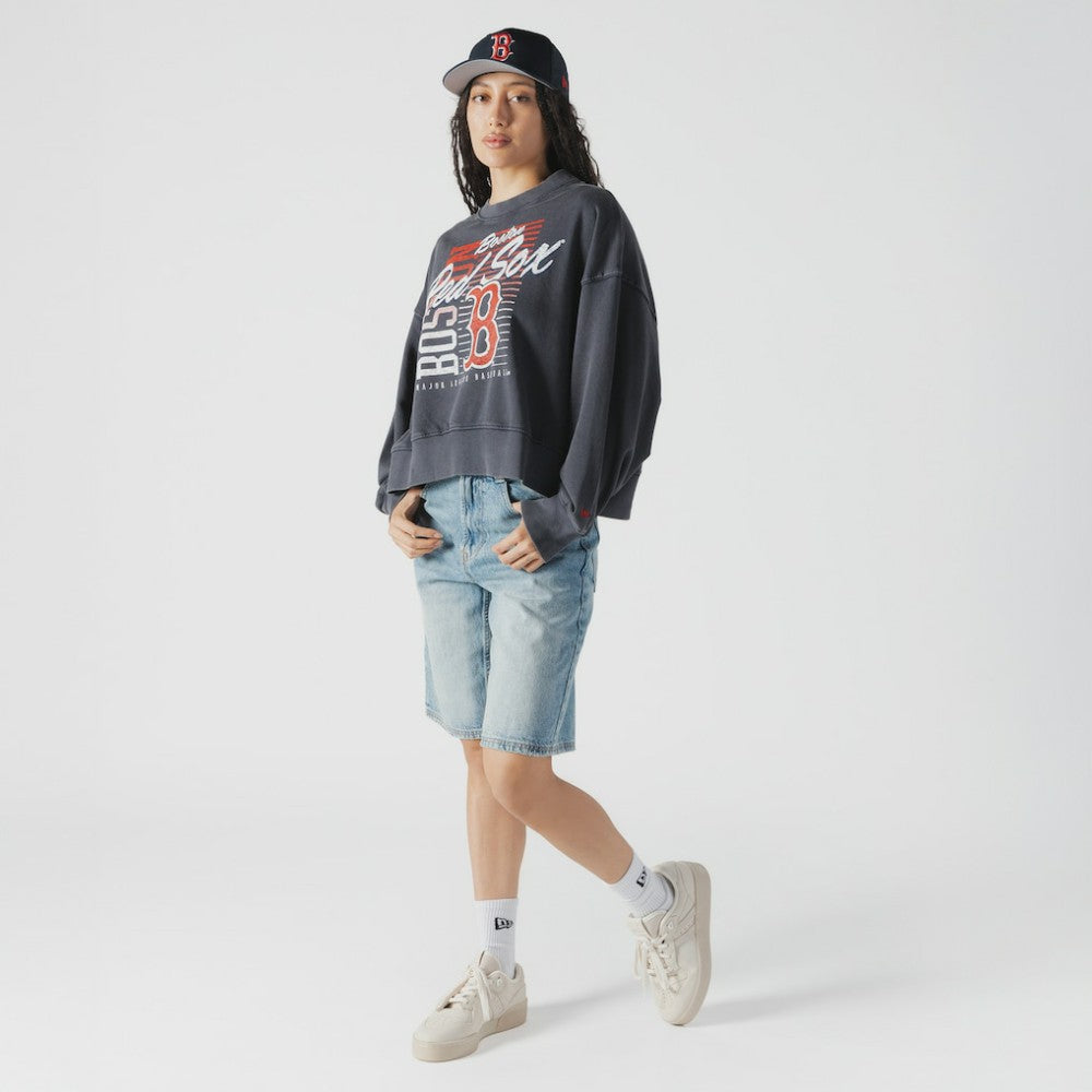 Boston Red Sox New Era Women's Boxy Mineral Wash Dolmen Sleeve Cropped Sweatshirt - Navy - New Era Online