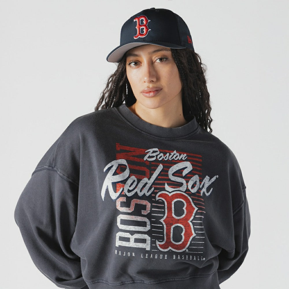 Boston Red Sox New Era Women's Boxy Mineral Wash Dolmen Sleeve Cropped Sweatshirt - Navy - New Era Online