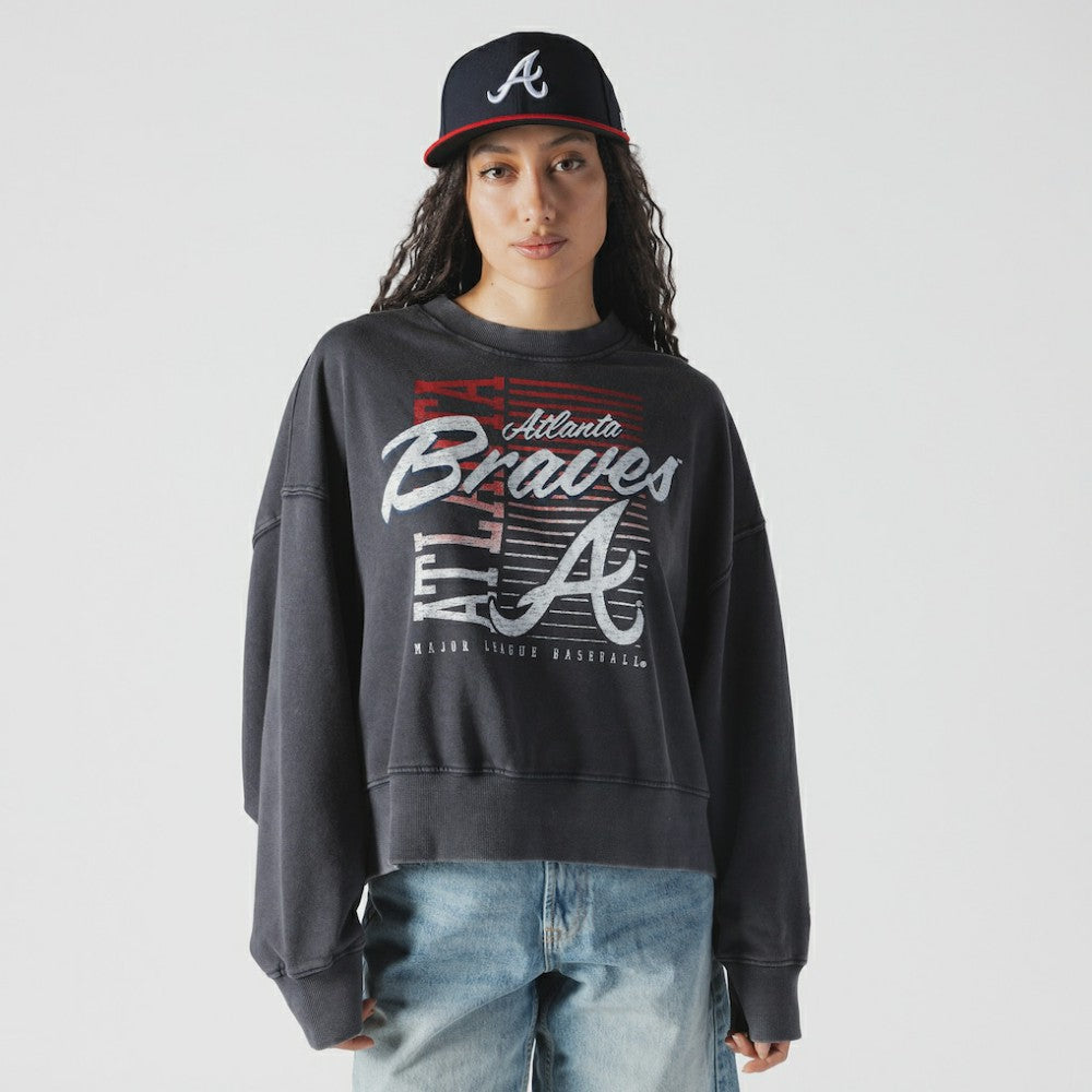 Atlanta Braves New Era Women's Boxy Mineral Wash Dolmen Sleeve Cropped Sweatshirt - Navy - New Era Discount