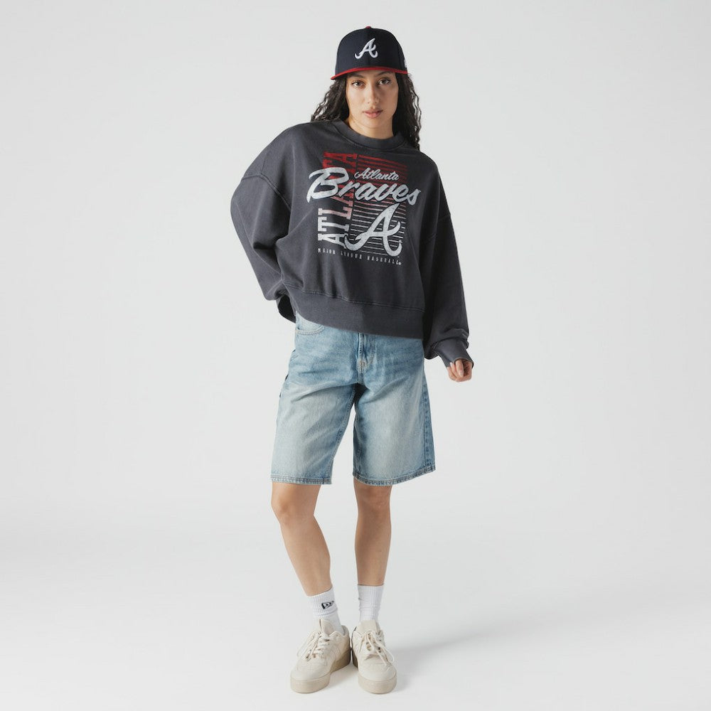 Atlanta Braves New Era Women's Boxy Mineral Wash Dolmen Sleeve Cropped Sweatshirt - Navy - New Era Discount