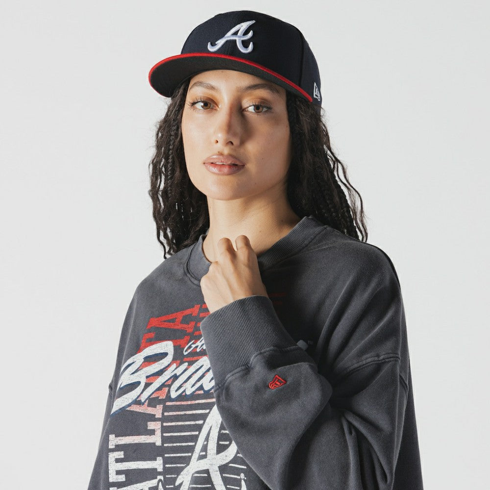 Atlanta Braves New Era Women's Boxy Mineral Wash Dolmen Sleeve Cropped Sweatshirt - Navy - New Era Discount