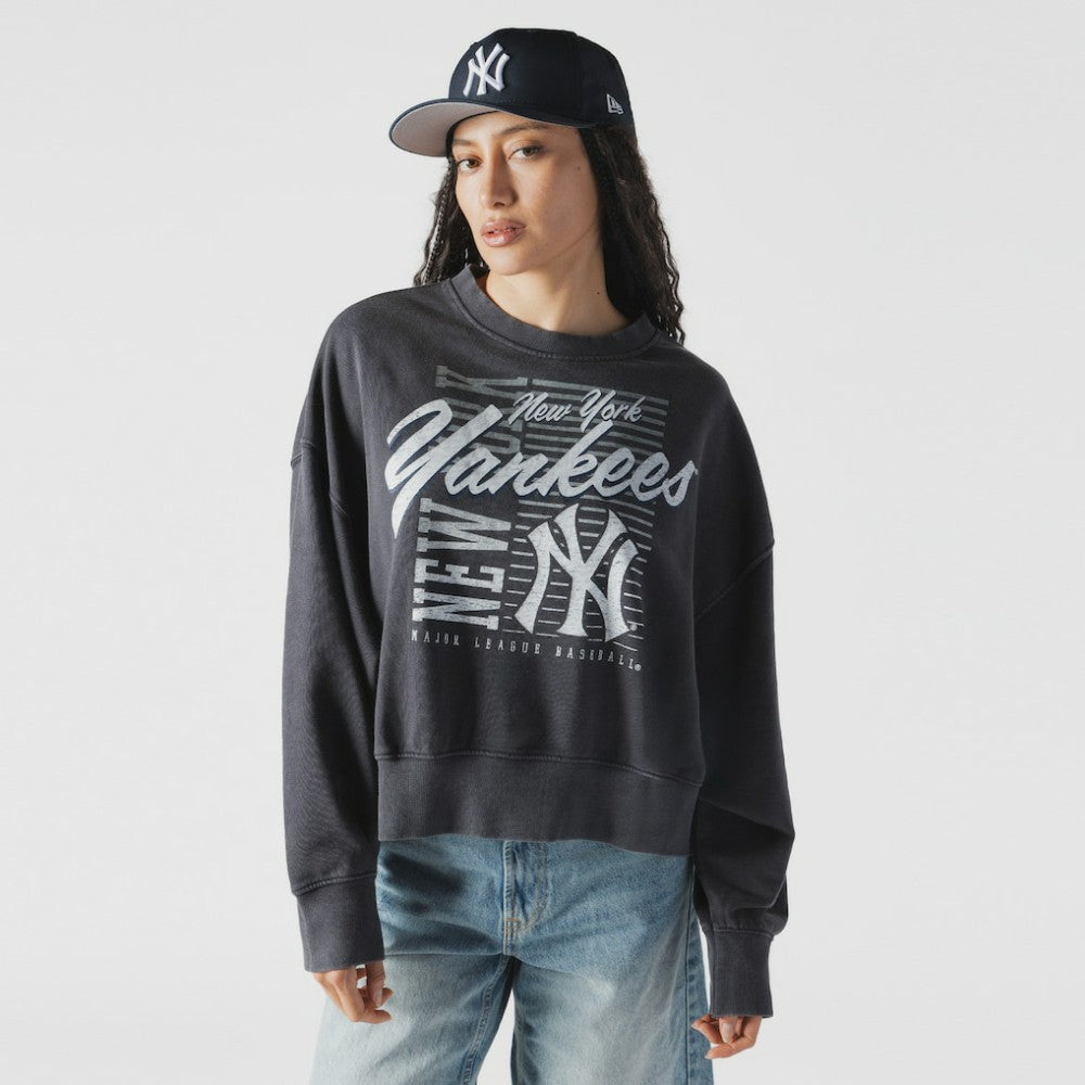 New York Yankees New Era Women's Boxy Mineral Wash Dolmen Sleeve Cropped Sweatshirt - Navy - New Era Lifestyle