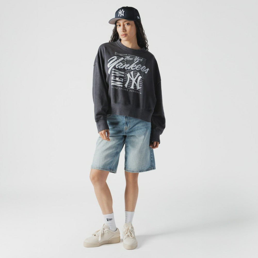 New York Yankees New Era Women's Boxy Mineral Wash Dolmen Sleeve Cropped Sweatshirt - Navy - New Era Lifestyle