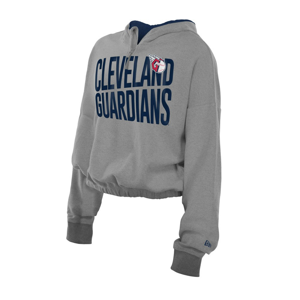 Cleveland Guardians New Era Women's Reversed Out French Terry Quarter-Zip Banded Crop Hoodie - Heather Gray - New Era on Sale