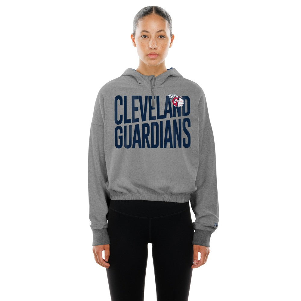 Cleveland Guardians New Era Women's Reversed Out French Terry Quarter-Zip Banded Crop Hoodie - Heather Gray - New Era on Sale