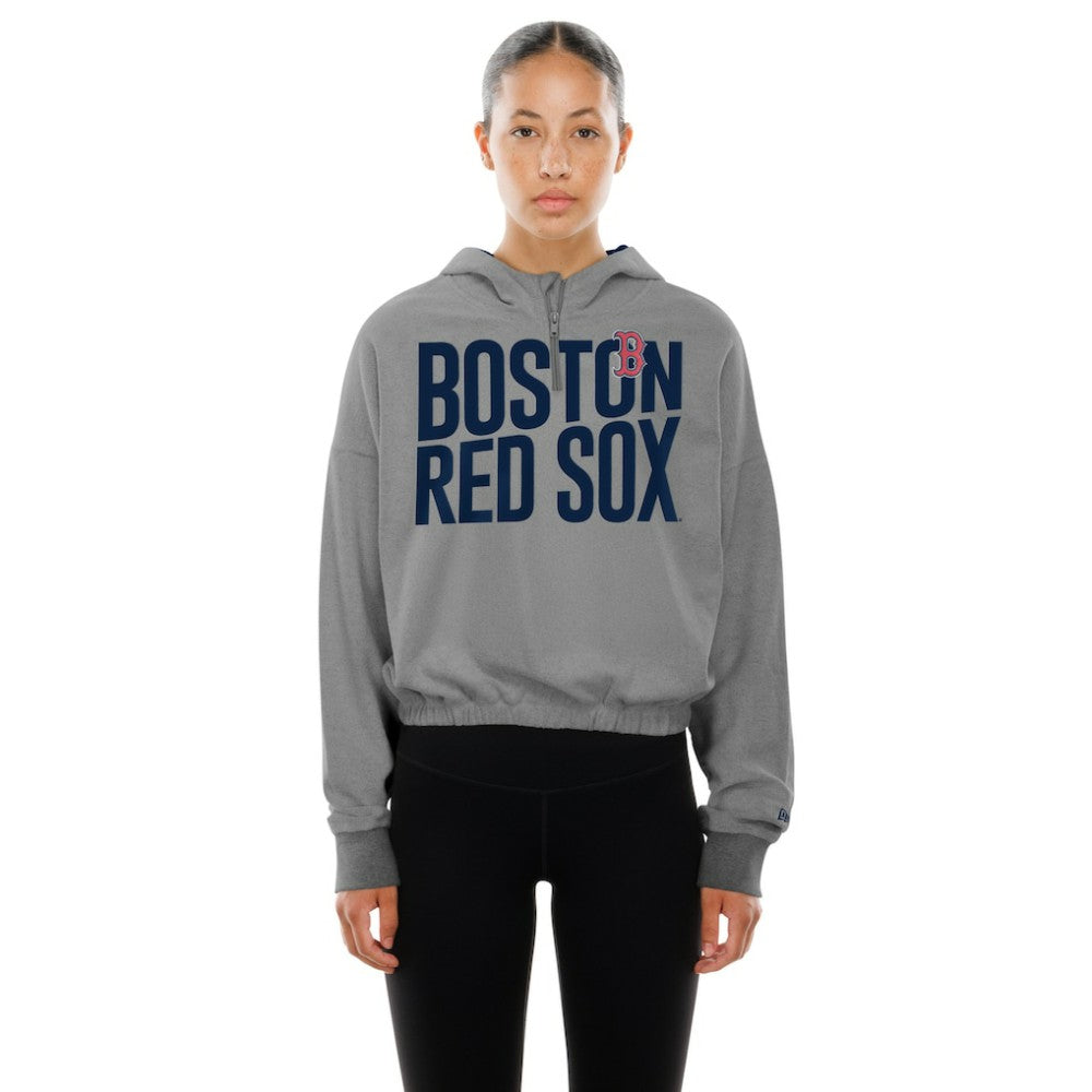 Boston Red Sox New Era Women's Reversed Out French Terry Quarter-Zip Banded Crop Hoodie - Heather Gray - New Era on Sale