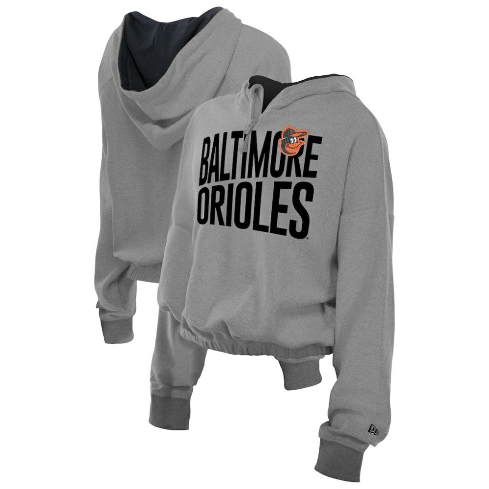 Baltimore Orioles New Era Women's Reversed Out French Terry Quarter-Zip Banded Crop Hoodie - Heather Gray - New Era Online