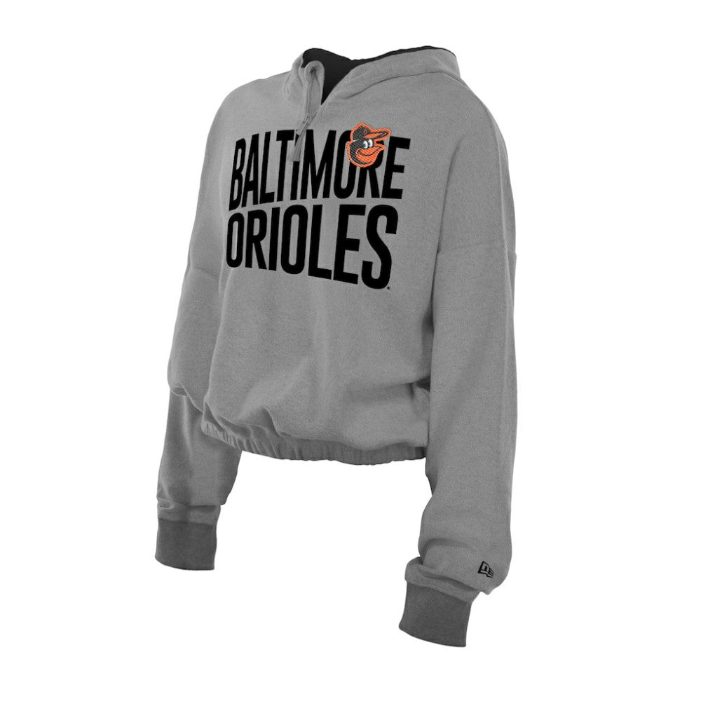 Baltimore Orioles New Era Women's Reversed Out French Terry Quarter-Zip Banded Crop Hoodie - Heather Gray - New Era Online