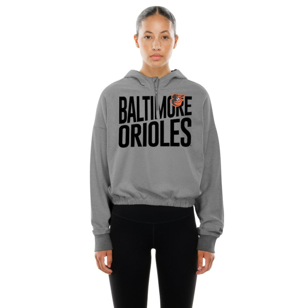 Baltimore Orioles New Era Women's Reversed Out French Terry Quarter-Zip Banded Crop Hoodie - Heather Gray - New Era Online