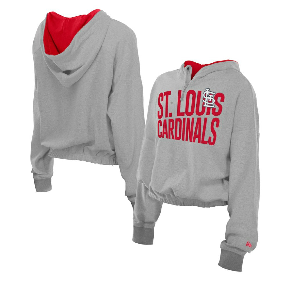 St. Louis Cardinals New Era Women's Reversed Out French Terry Quarter-Zip Banded Crop Hoodie - Heather Gray - New Era Discount