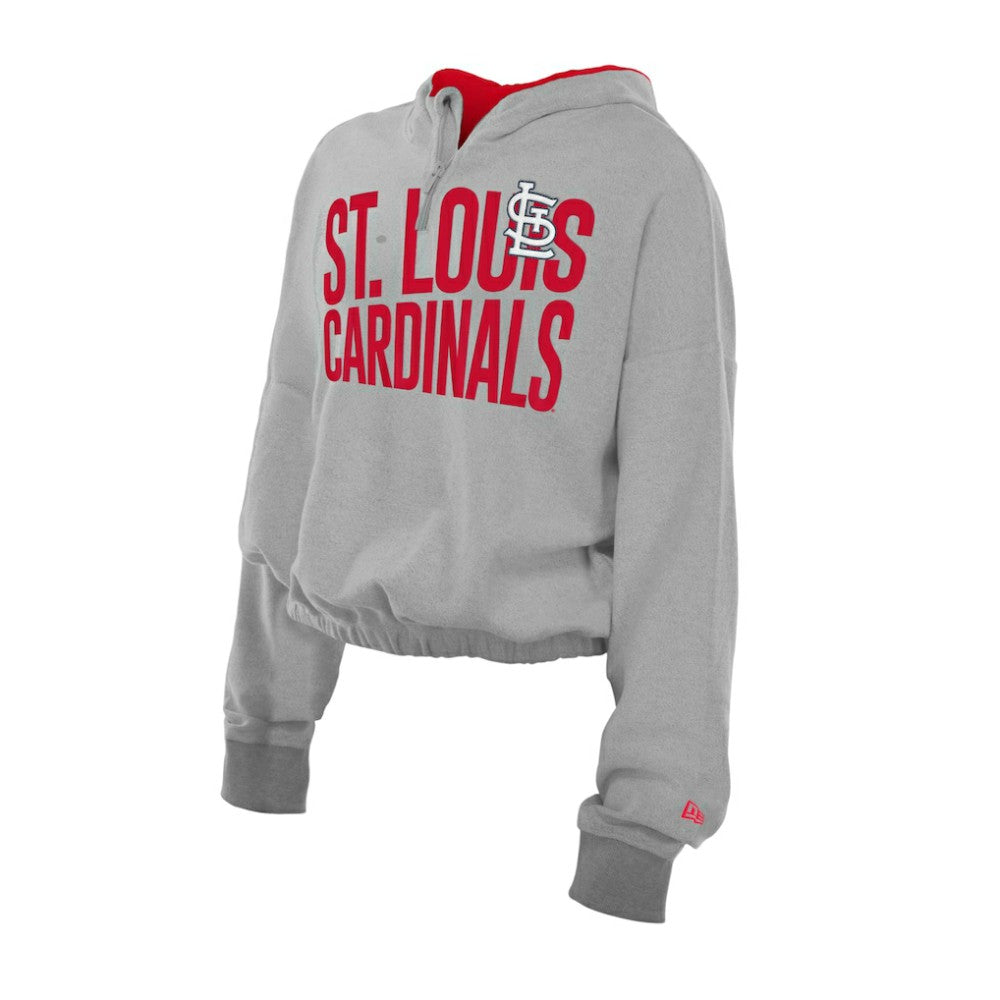 St. Louis Cardinals New Era Women's Reversed Out French Terry Quarter-Zip Banded Crop Hoodie - Heather Gray - New Era Discount
