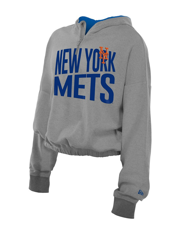 New York Mets New Era Women's Reversed Out French Terry Quarter-Zip Banded Crop Hoodie - Heather Gray - New Era Online