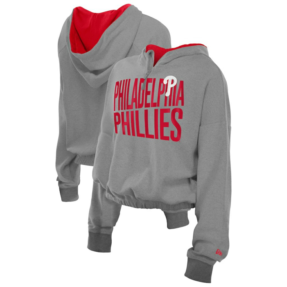 Philadelphia Phillies New Era Women's Reversed Out French Terry Quarter-Zip Banded Crop Hoodie - Heather Gray - New Era Sale