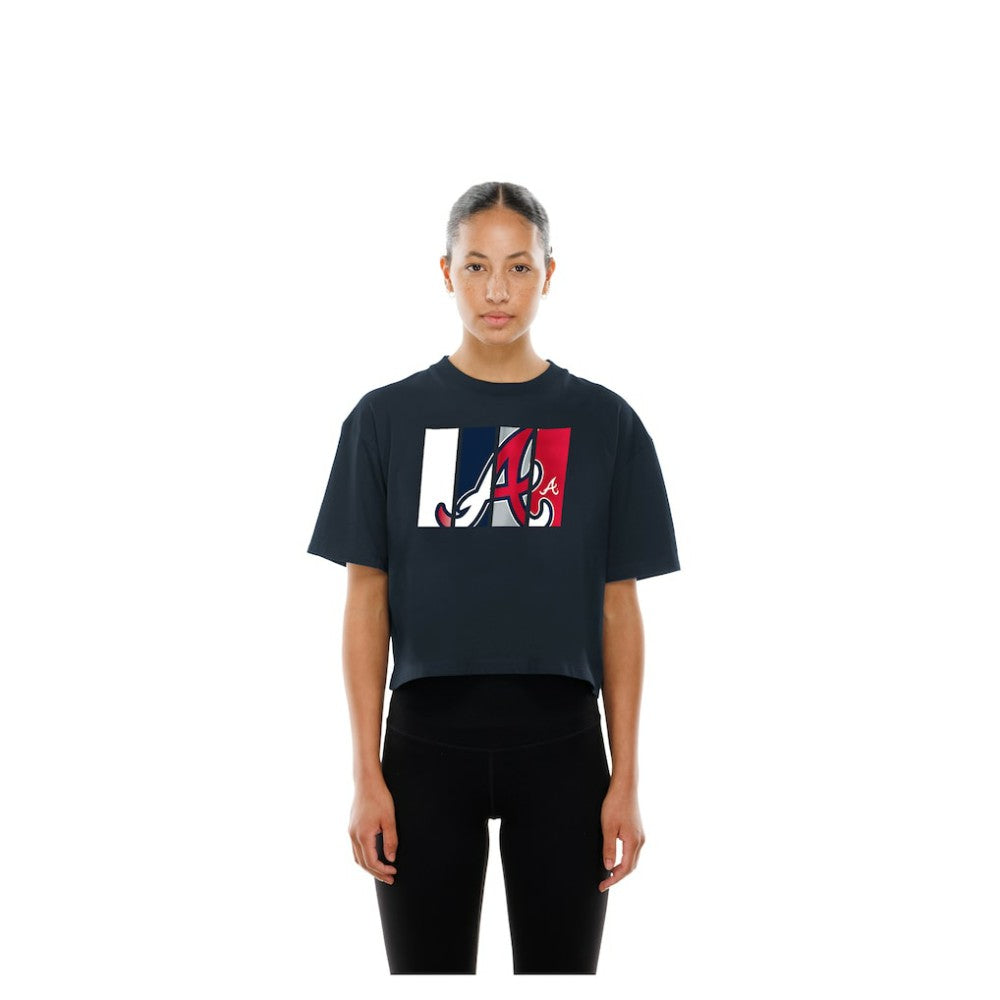 Atlanta Braves New Era Women's Boxy Foil Logo T-Shirt - Navy - New Era Sale