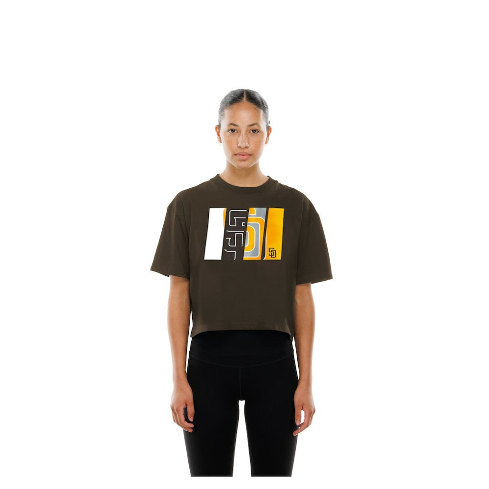 San Diego Padres New Era Women's Boxy Foil Logo T-Shirt - Brown - New Era Lifestyle