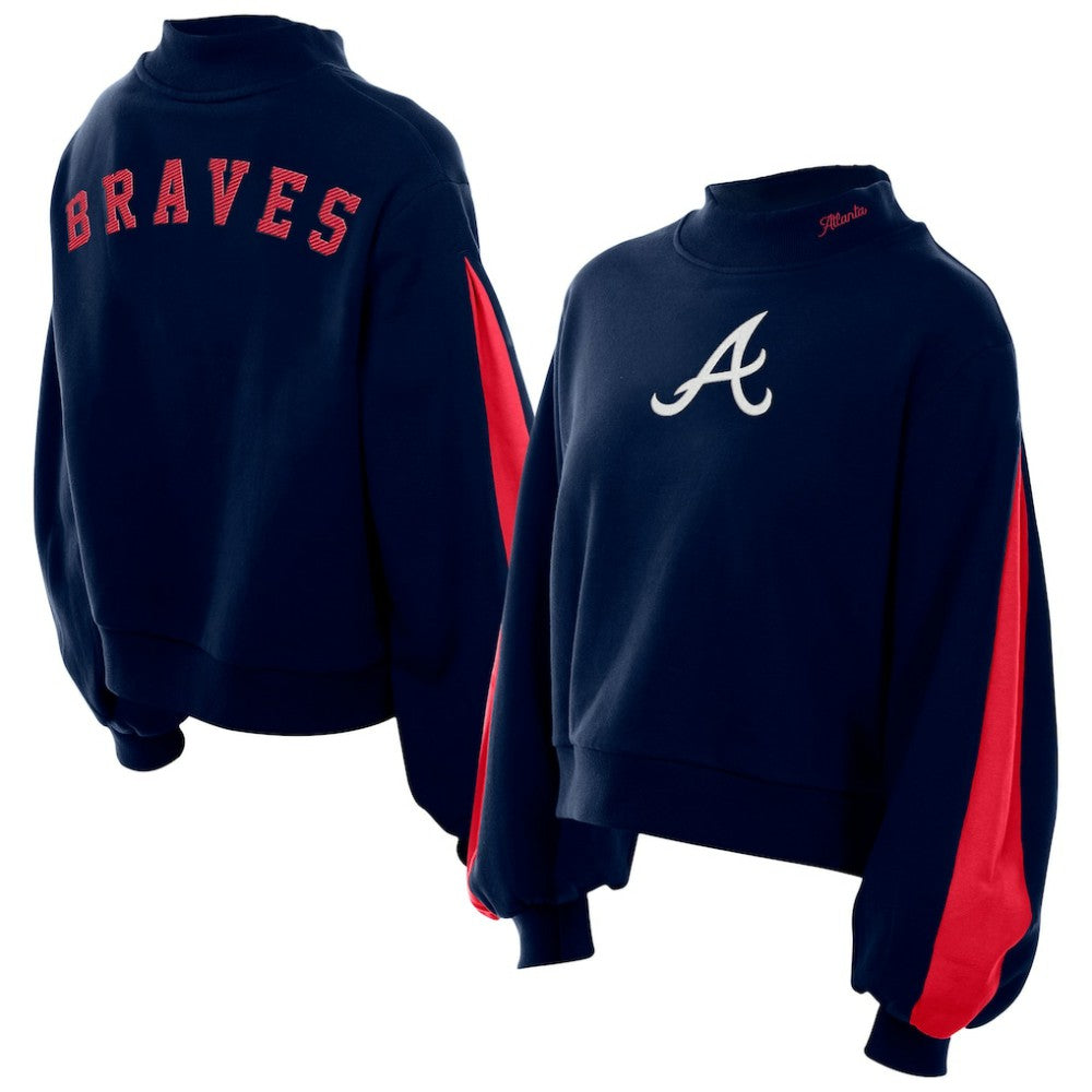 Atlanta Braves New Era Women's Mock Neck Balloon Sleeve Sweatshirt - Navy - New Era Sale