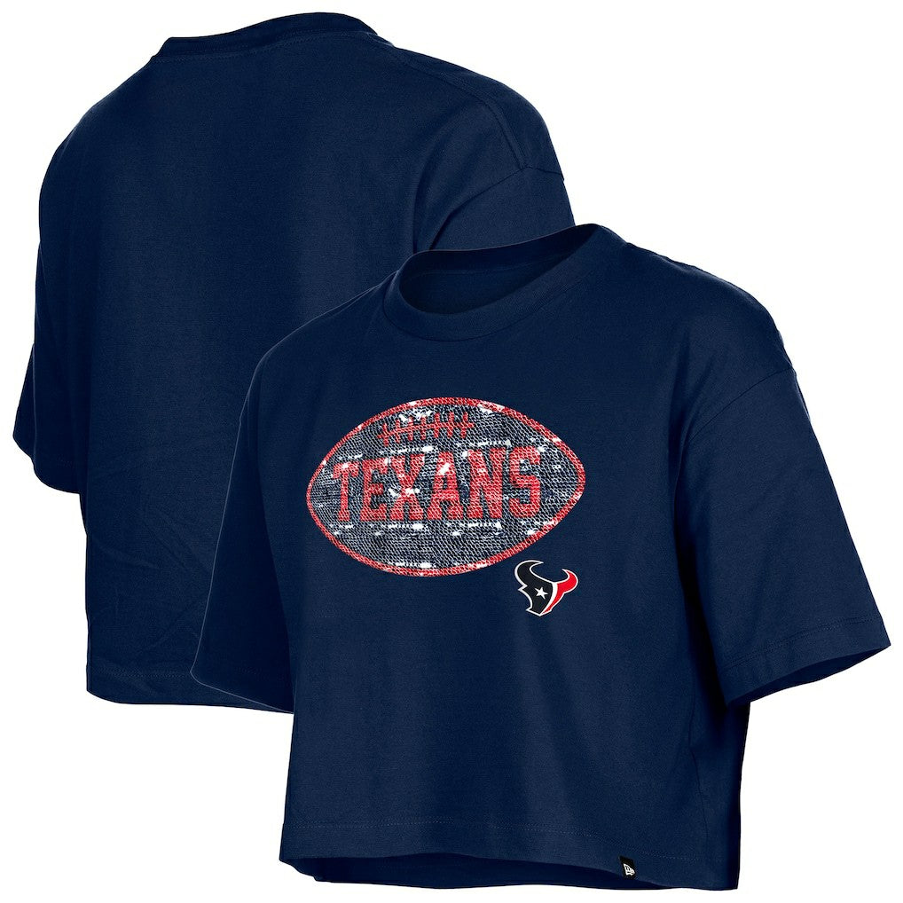 Houston Texans New Era Girl's Flip Sequin Boxy T-Shirt Navy