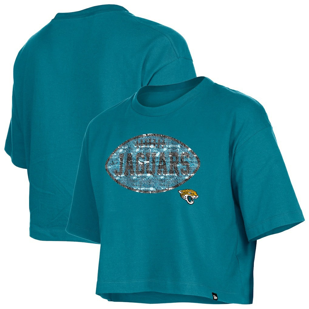 Jacksonville Jaguars New Era Girl's Flip Sequin Boxy T-Shirt Teal