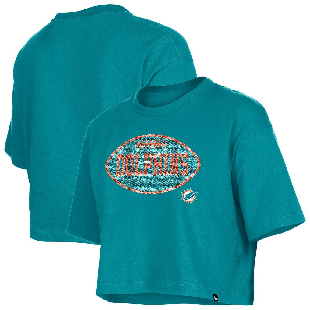 Miami Dolphins New Era Girl's Flip Sequin Boxy T-Shirt Aqua