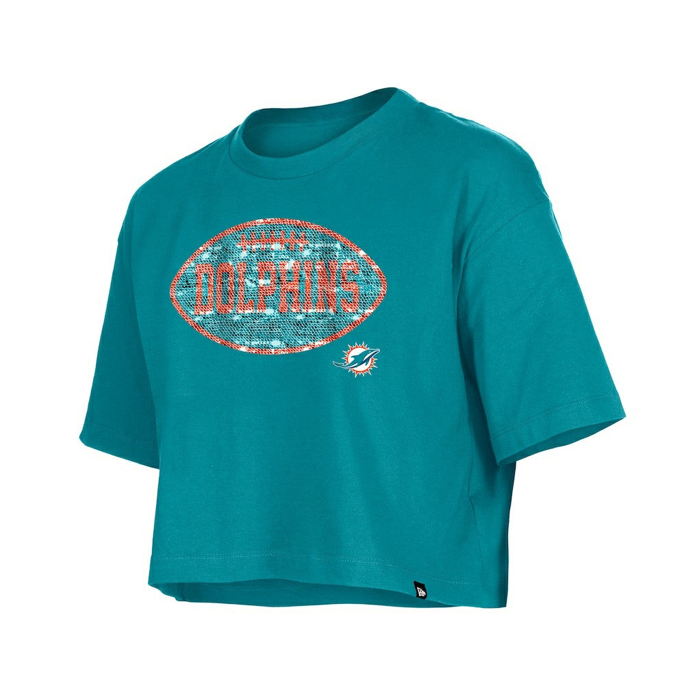 Miami Dolphins New Era Girl's Flip Sequin Boxy T-Shirt Aqua