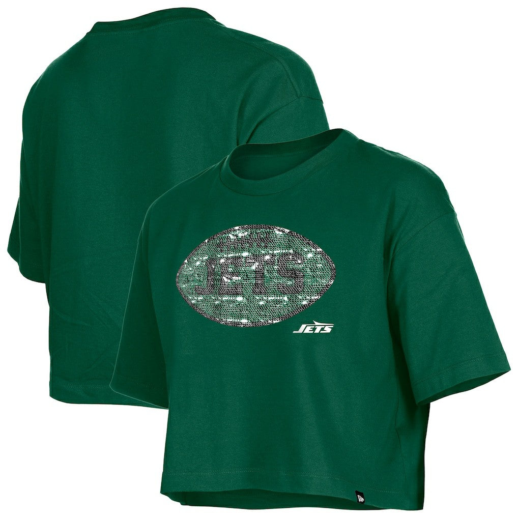 New York Jets New Era Girl's Flip Sequin Boxy T-Shirt Green