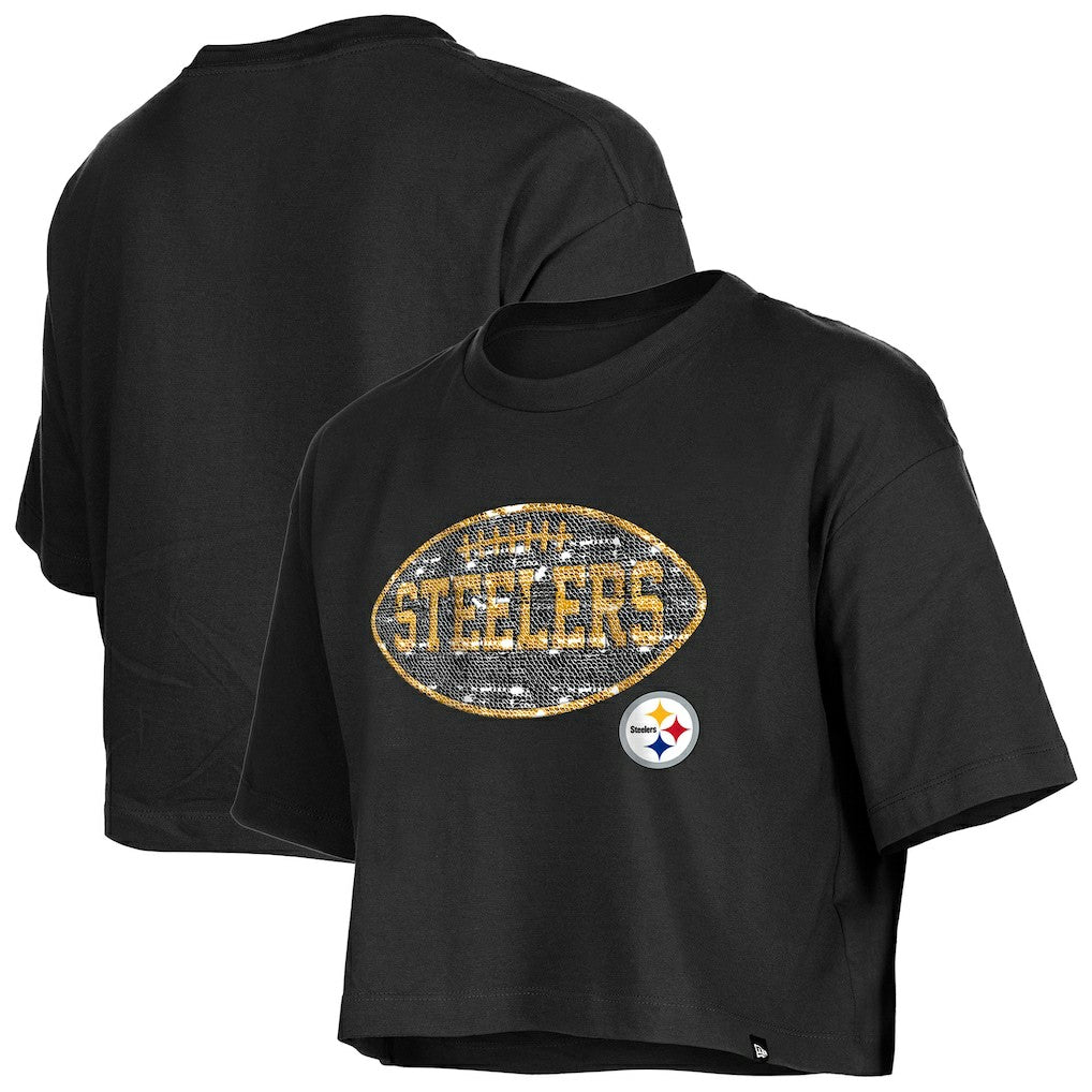 Pittsburgh Steelers New Era Girl's Flip Sequin Boxy T-Shirt Black