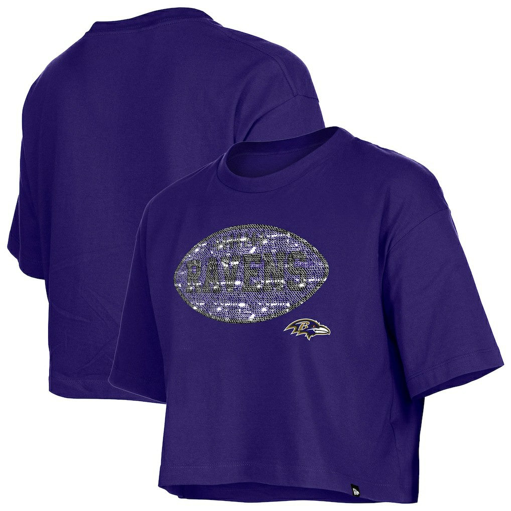 Baltimore Ravens New Era Girl's Flip Sequin Boxy T-Shirt Purple