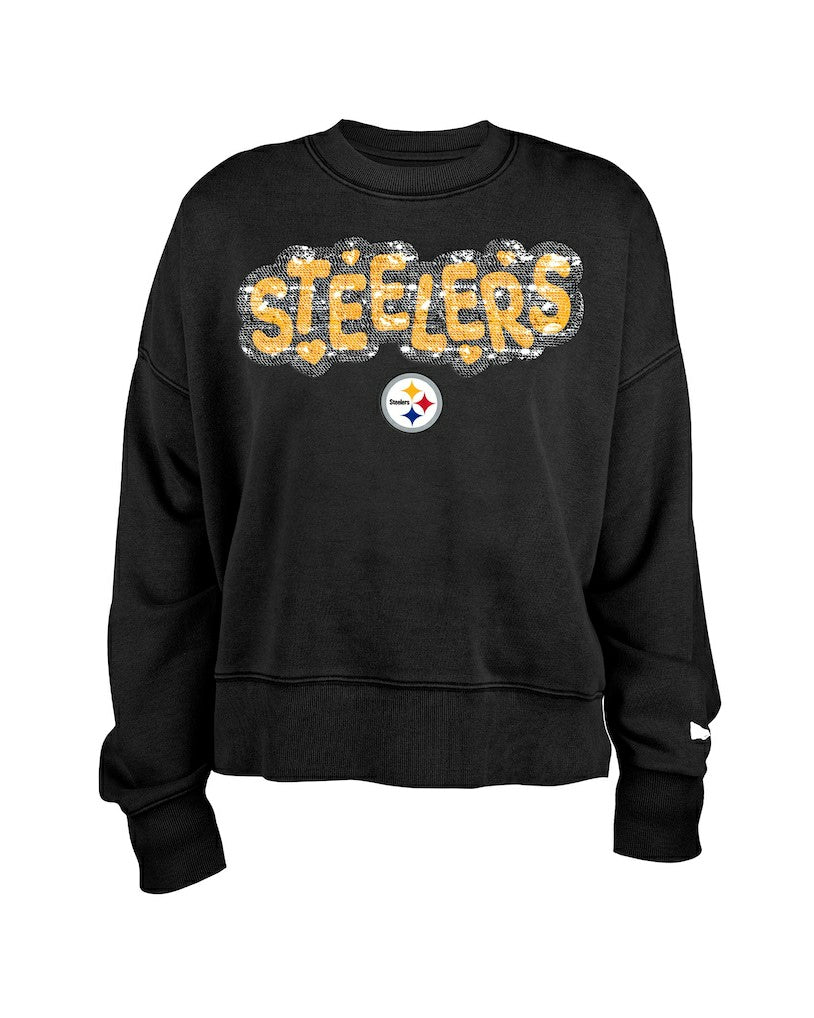 Pittsburgh Steelers New Era Girl's Flip Sequin Sweatshirt Black
